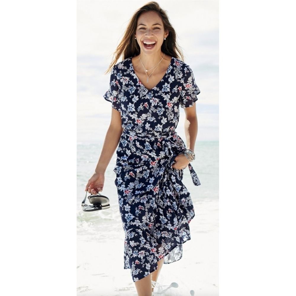 J. Jill Floral Ruffled Tiered Maxi Dress V-Neck‎ Ruffle Sleeves Size M Crinkled